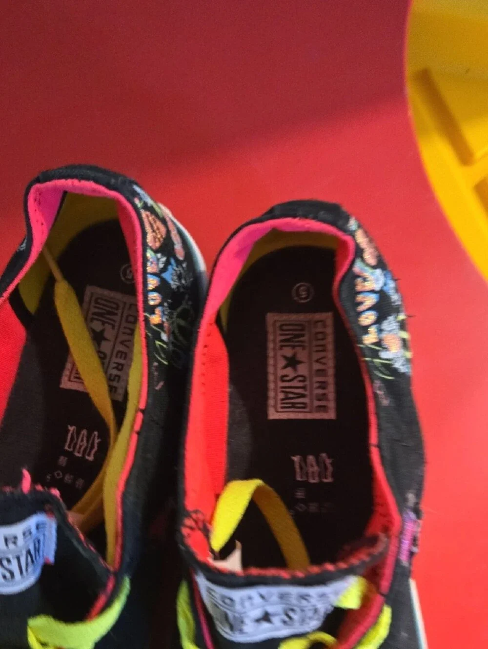 Converse Kids One Star Black Sneakers with Neon Yellow Laces and Pink Trim